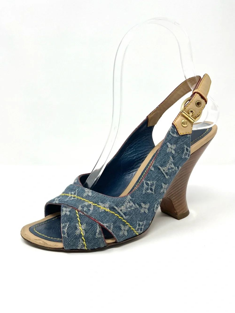 Vintage Vtg Louis Vuitton Blue Denim Logo Monogram Slingback Sandals Heels 37 7